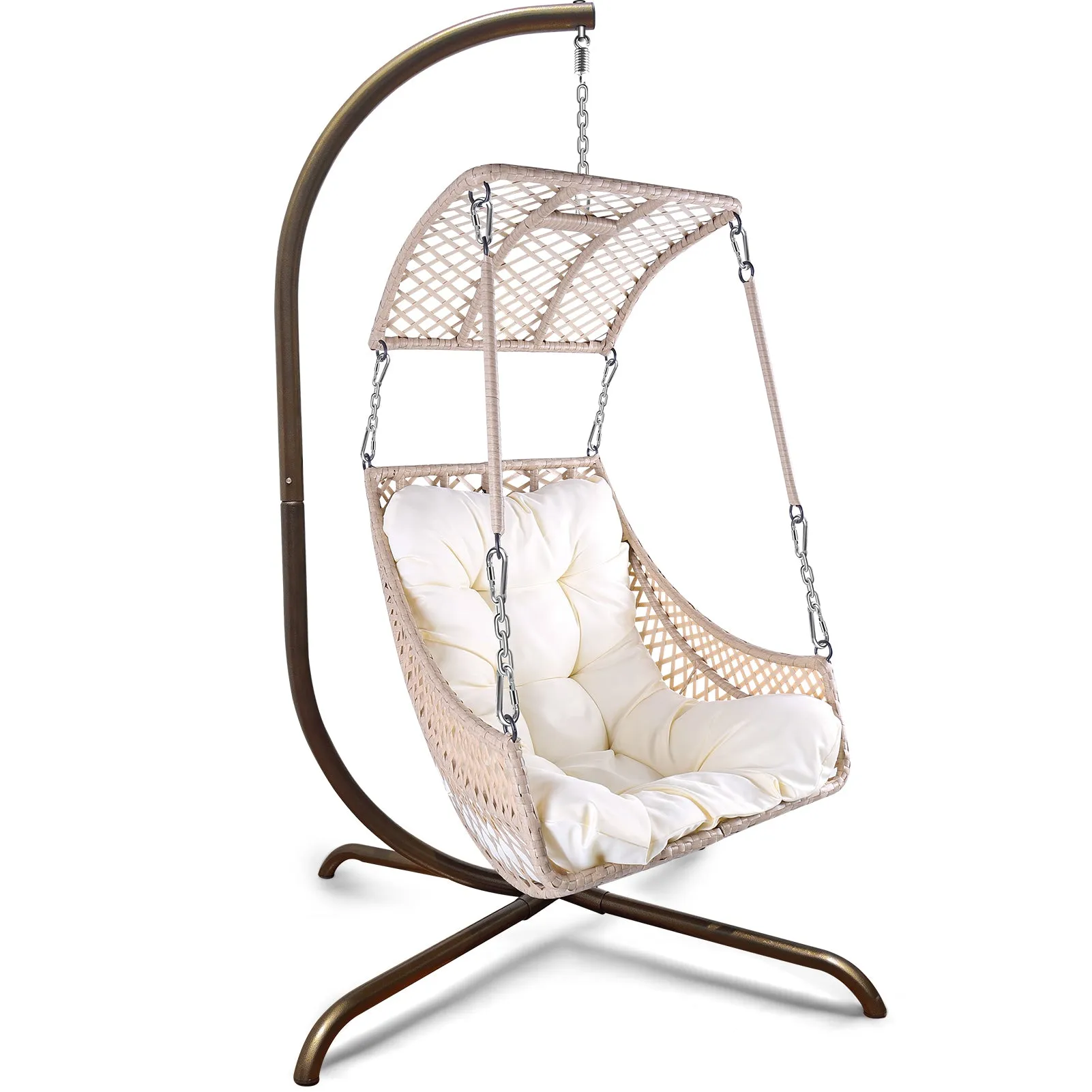 Swing Egg Chair with Stand Indoor Outdoor, UV Resistant Cushion Hanging Chair with Cup Holder, Anti-Rust with Wicker Rattan Frame 350lbs Capacity Hammock Chair for Patio Bedroom-Beige, New Design