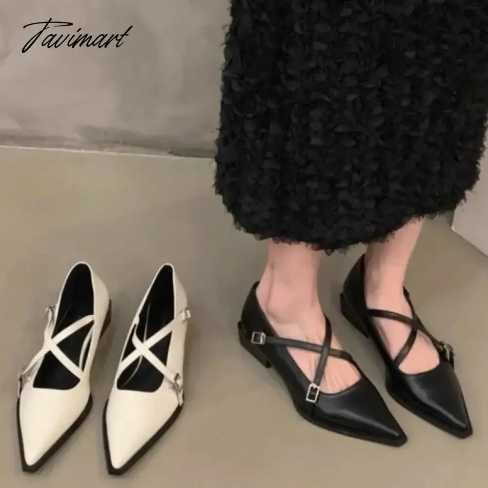 TAVIMART -  New Women's Cross-tied Leather Shoes Pointed Toe Double Buckle Pumps Gladiator Designer Low heels Zapatos Mujer Autumn 1502N