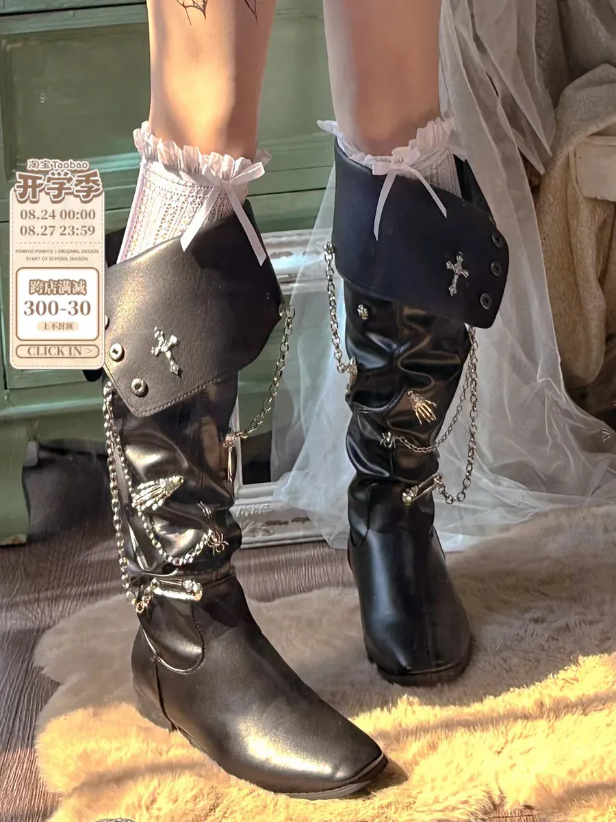 TAVIMART  -  Pinkyo Original Dark Cross Pointed Spicy Girl Boots Lolita American Punk Style Thick Heel Retro Knight Boots