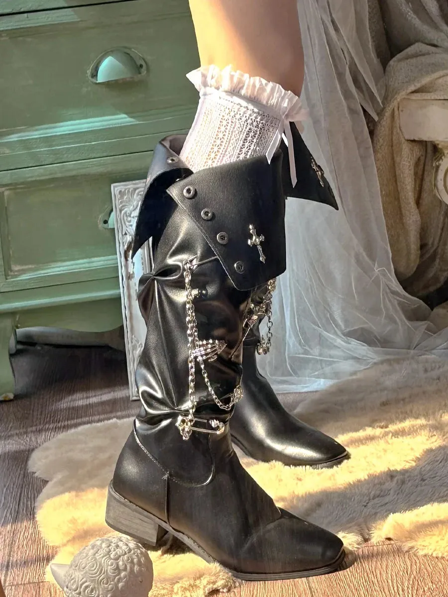 TAVIMART  -  Pinkyo Original Dark Cross Pointed Spicy Girl Boots Lolita American Punk Style Thick Heel Retro Knight Boots