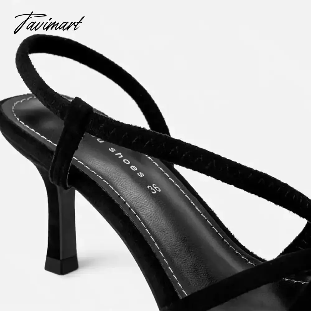 Tavimart Spanish New Women's Shoes Elastic Cloth Slim Heel Women's Shoes Cross Strap Sexy Slim Strap Middle Heel Sandals