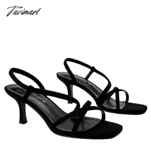 Tavimart Spanish New Women's Shoes Elastic Cloth Slim Heel Women's Shoes Cross Strap Sexy Slim Strap Middle Heel Sandals