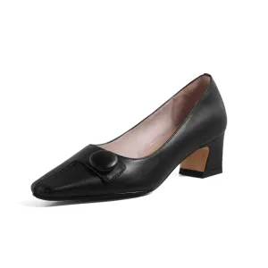 TinaCus Genuine Leather Women's Handmade Square Toe Low Heel Button Graceful Pump Shoes