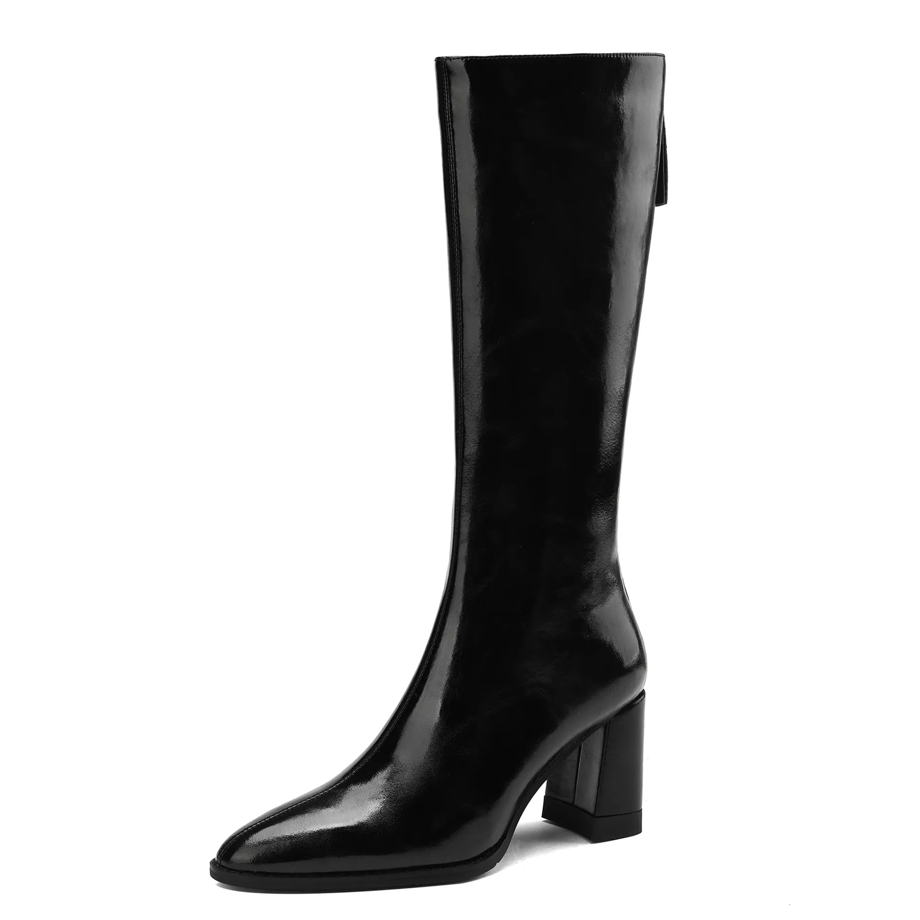 TinaCus Handmade Women's Genuine Leather Chunky Heel  Zip Up Knee High Boots