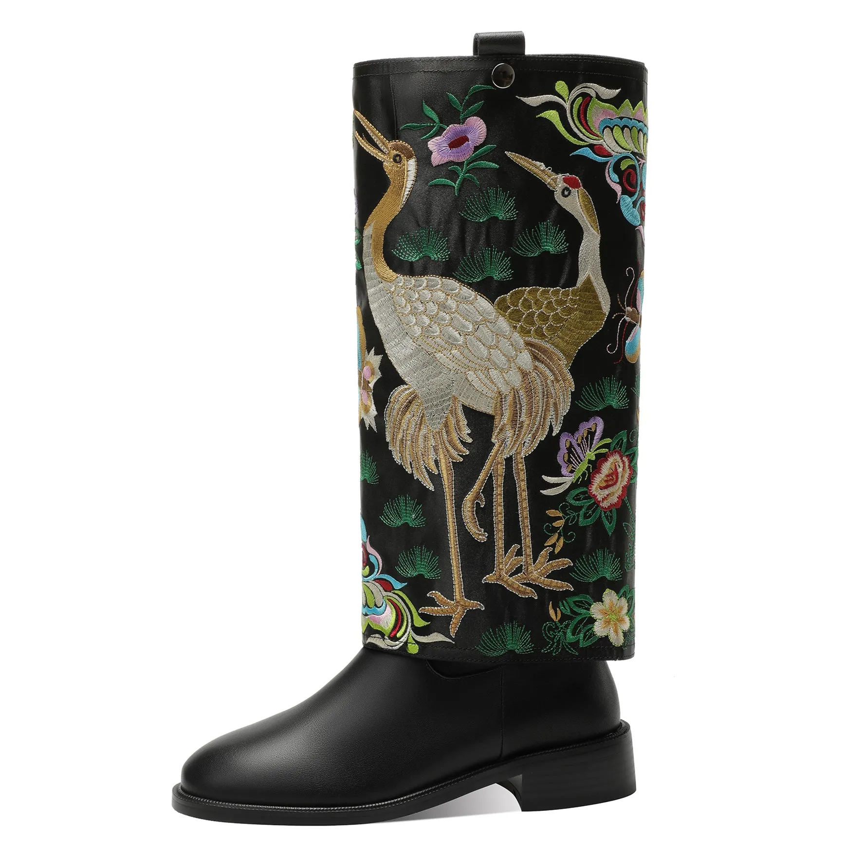 TinaCus Handmade Women's Genuine Leather Detachable Two Styles Zip Up Embroidery Bird Flowers Knee High Boots