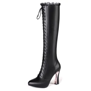 TinaCus Handmade Women's Genuine Leather  High Heel Zip Up Knee High Boots with Lace