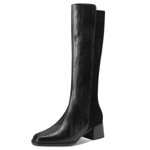 TinaCus Handmade Women's Suede Genuine Leather Mid Block Heel Back Zip Up Knee High Boots