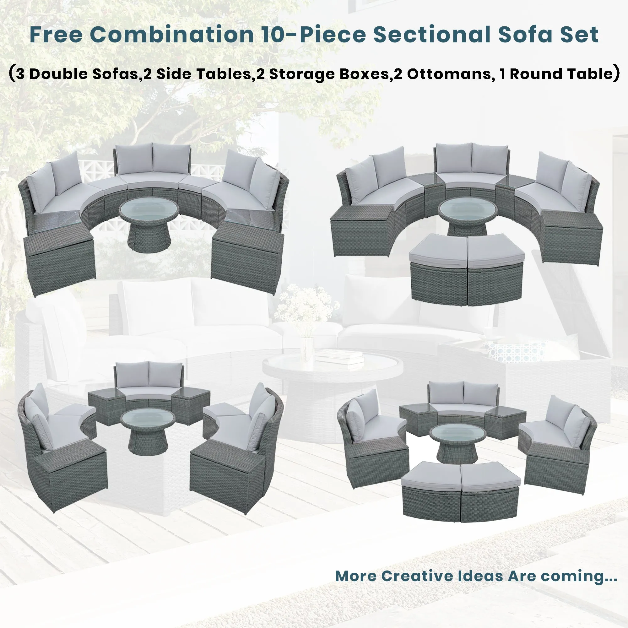 TOPMAX 10-Piece Outdoor Sectional Half Round Patio Rattan Sofa Set, PE Wicker Conversation Furniture Set for Free Combination, Light Gray