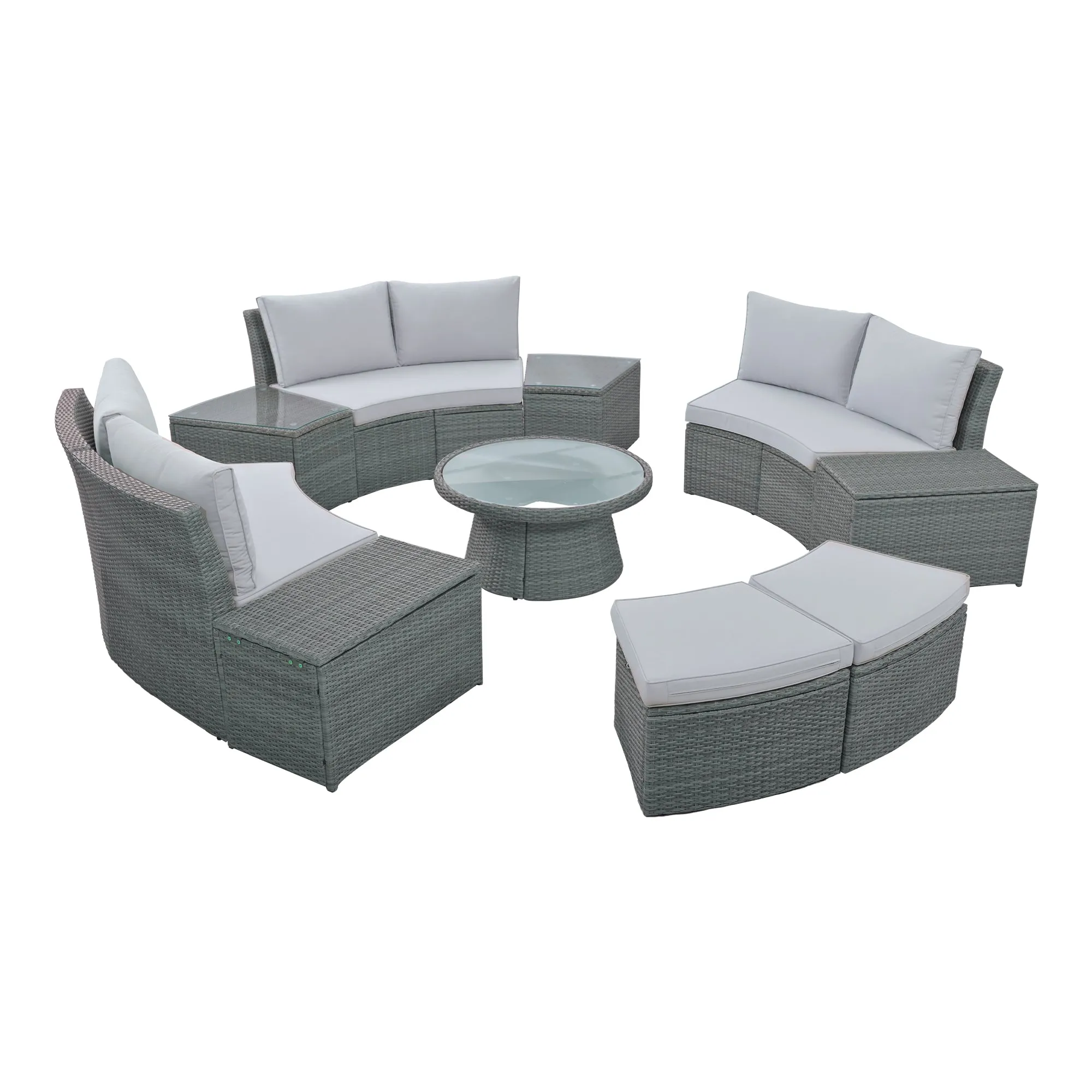 TOPMAX 10-Piece Outdoor Sectional Half Round Patio Rattan Sofa Set, PE Wicker Conversation Furniture Set for Free Combination, Light Gray