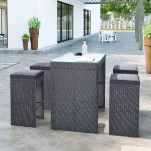 Topmax 5-piece Rattan Outdoor Patio Furniture Set Bar Dining Table Set with 4 Stools, Gray Cushion Gray Wicker