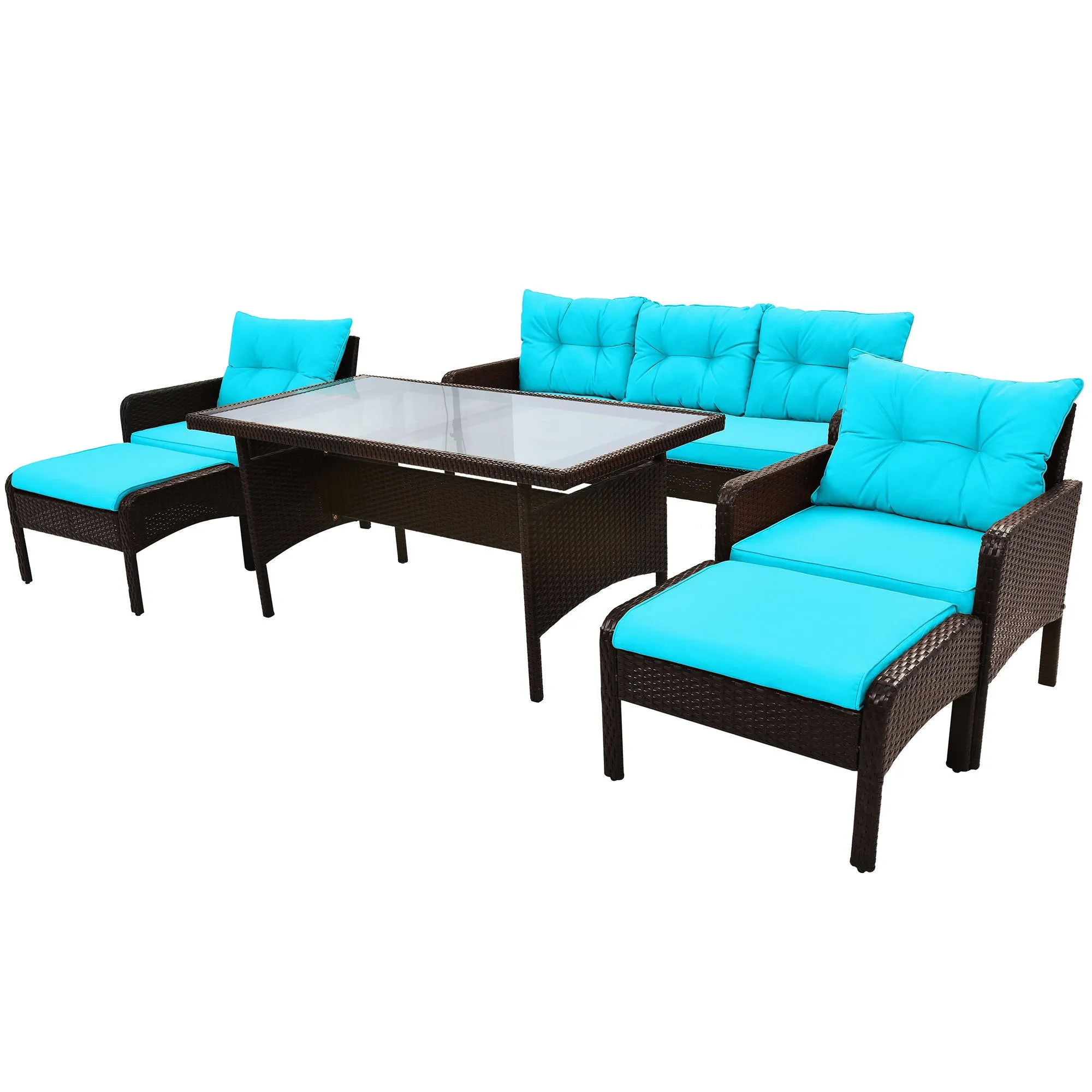 TOPMAX 6-Piece Outdoor Patio PE Wicker Rattan Sofa Set Dining Table Set with Removable Cushions and Tempered Glass Tea Table for Backyard, Poolside, Deck, Brown Wicker Blue Cushion