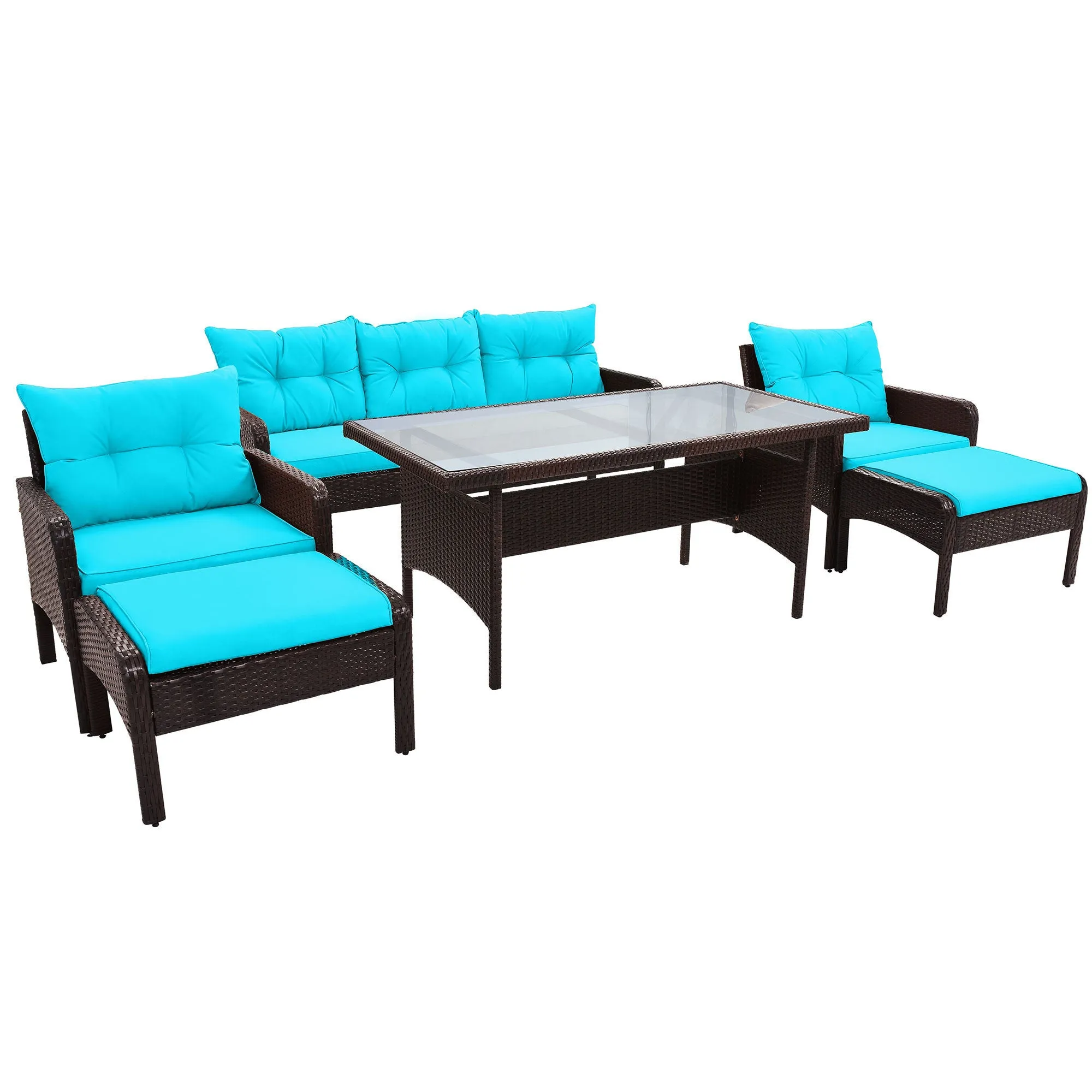 TOPMAX 6-Piece Outdoor Patio PE Wicker Rattan Sofa Set Dining Table Set with Removable Cushions and Tempered Glass Tea Table for Backyard, Poolside, Deck, Brown Wicker Blue Cushion