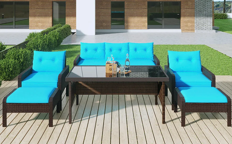 TOPMAX 6-Piece Outdoor Patio PE Wicker Rattan Sofa Set Dining Table Set with Removable Cushions and Tempered Glass Tea Table for Backyard, Poolside, Deck, Brown Wicker Blue Cushion