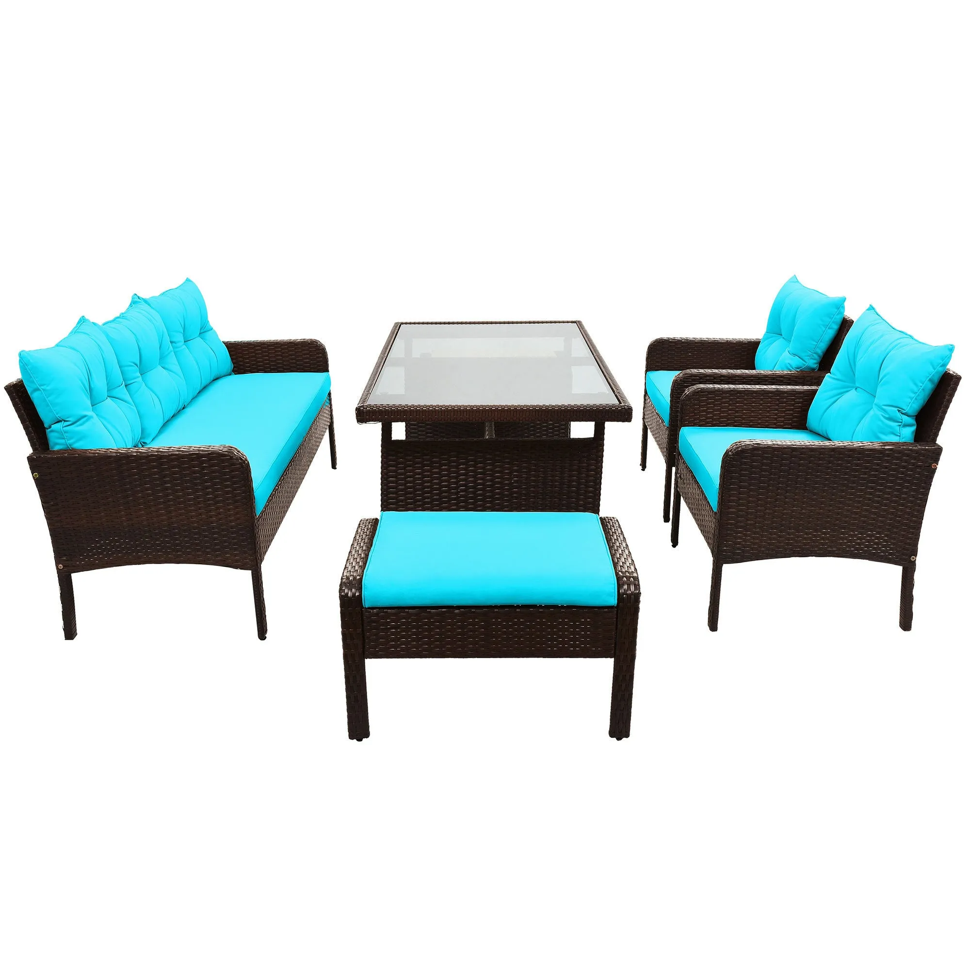 TOPMAX 6-Piece Outdoor Patio PE Wicker Rattan Sofa Set Dining Table Set with Removable Cushions and Tempered Glass Tea Table for Backyard, Poolside, Deck, Brown Wicker Blue Cushion