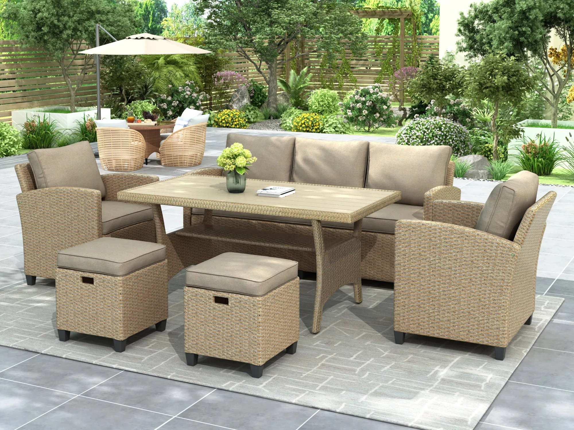 TOPMAX 6 Piece Outdoor Rattan Wicker Set Patio Garden Backyard Sofa, Chair, Stools and Table