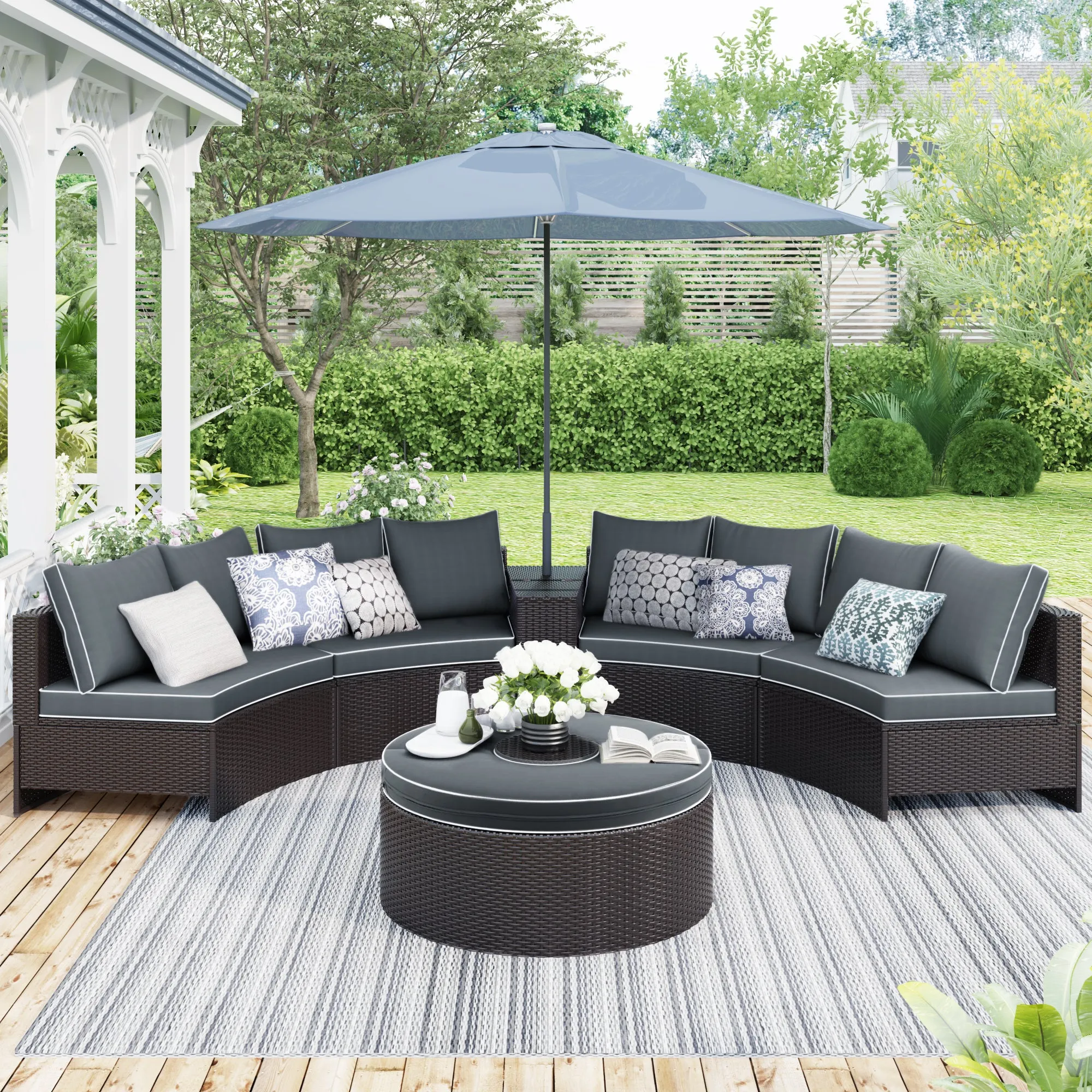 TOPMAX 6 Pieces Outdoor Sectional Half Round Patio Rattan Sofa Set, PE Wicker Conversation Furniture Set w/ One Storage Side Table for Umbrella and One Multifunctional Round Table, Brown  Gray