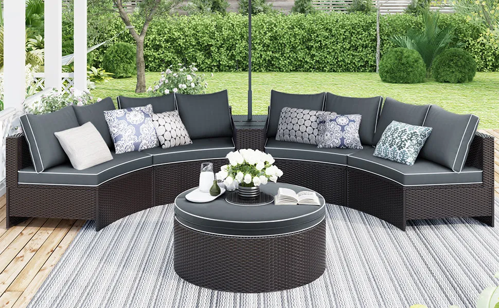 TOPMAX 6 Pieces Outdoor Sectional Half Round Patio Rattan Sofa Set, PE Wicker Conversation Furniture Set w/ One Storage Side Table for Umbrella and One Multifunctional Round Table, Brown  Gray