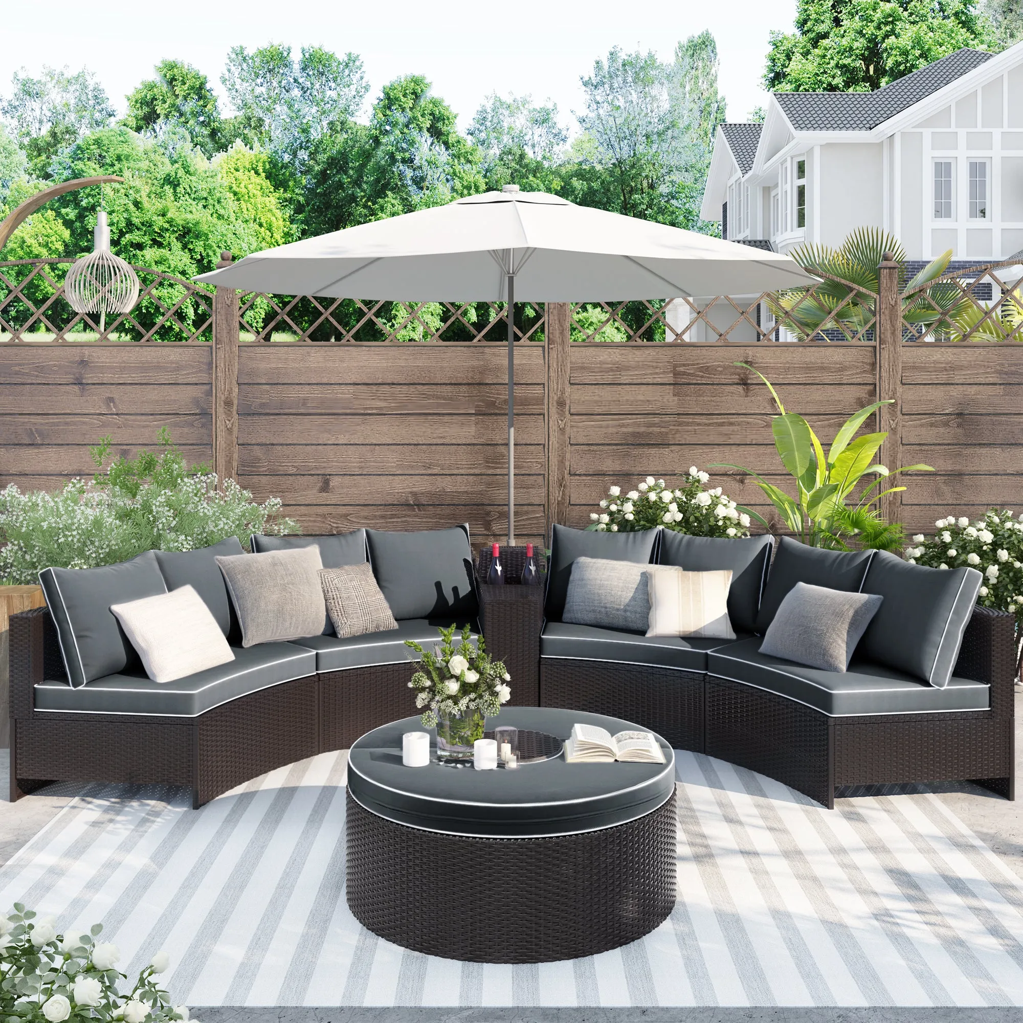 TOPMAX 6 Pieces Outdoor Sectional Half Round Patio Rattan Sofa Set, PE Wicker Conversation Furniture Set w/ One Storage Side Table for Umbrella and One Multifunctional Round Table, Brown  Gray