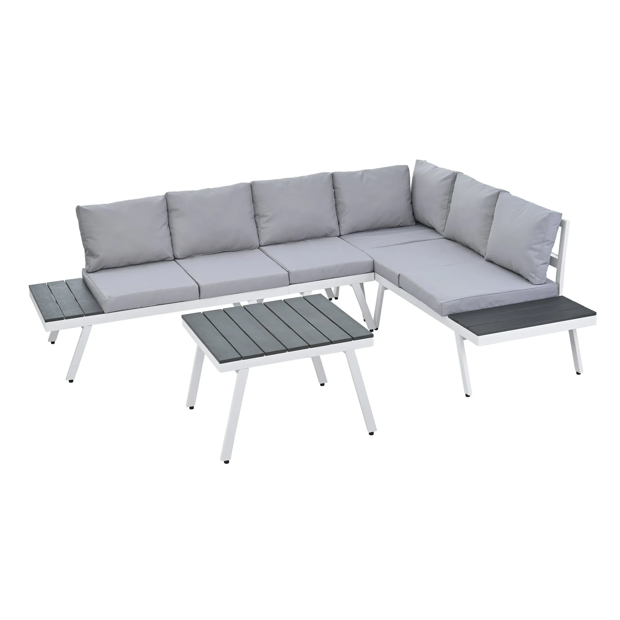 TOPMAX Industrial 5-Piece Aluminum Outdoor Patio Furniture Set, Modern Garden Sectional Sofa Set with End Tables, Coffee Table and Furniture Clips for Backyard, White Grey