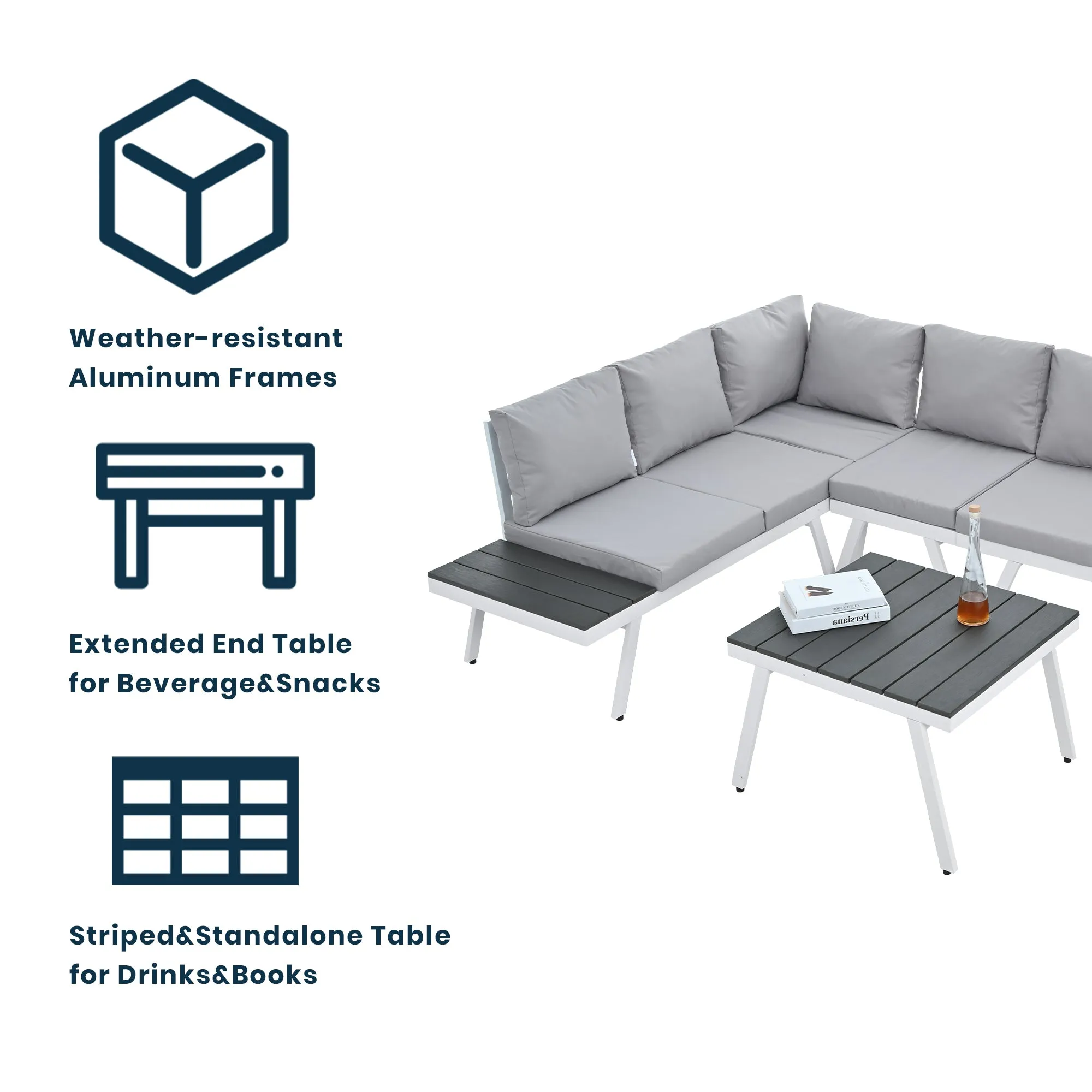 TOPMAX Industrial 5-Piece Aluminum Outdoor Patio Furniture Set, Modern Garden Sectional Sofa Set with End Tables, Coffee Table and Furniture Clips for Backyard, White Grey