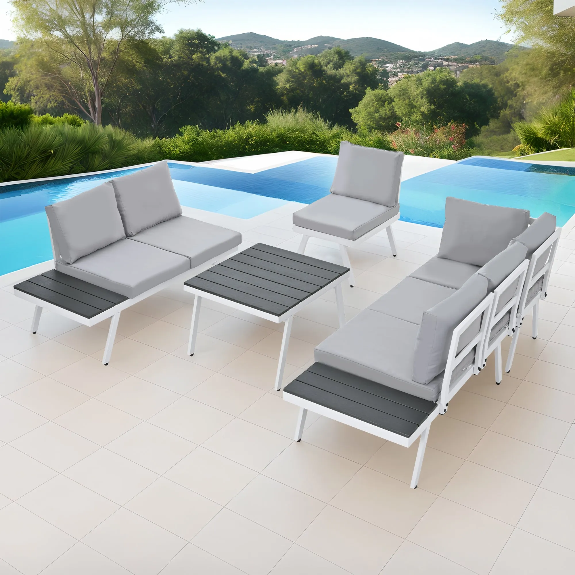 TOPMAX Industrial 5-Piece Aluminum Outdoor Patio Furniture Set, Modern Garden Sectional Sofa Set with End Tables, Coffee Table and Furniture Clips for Backyard, White Grey