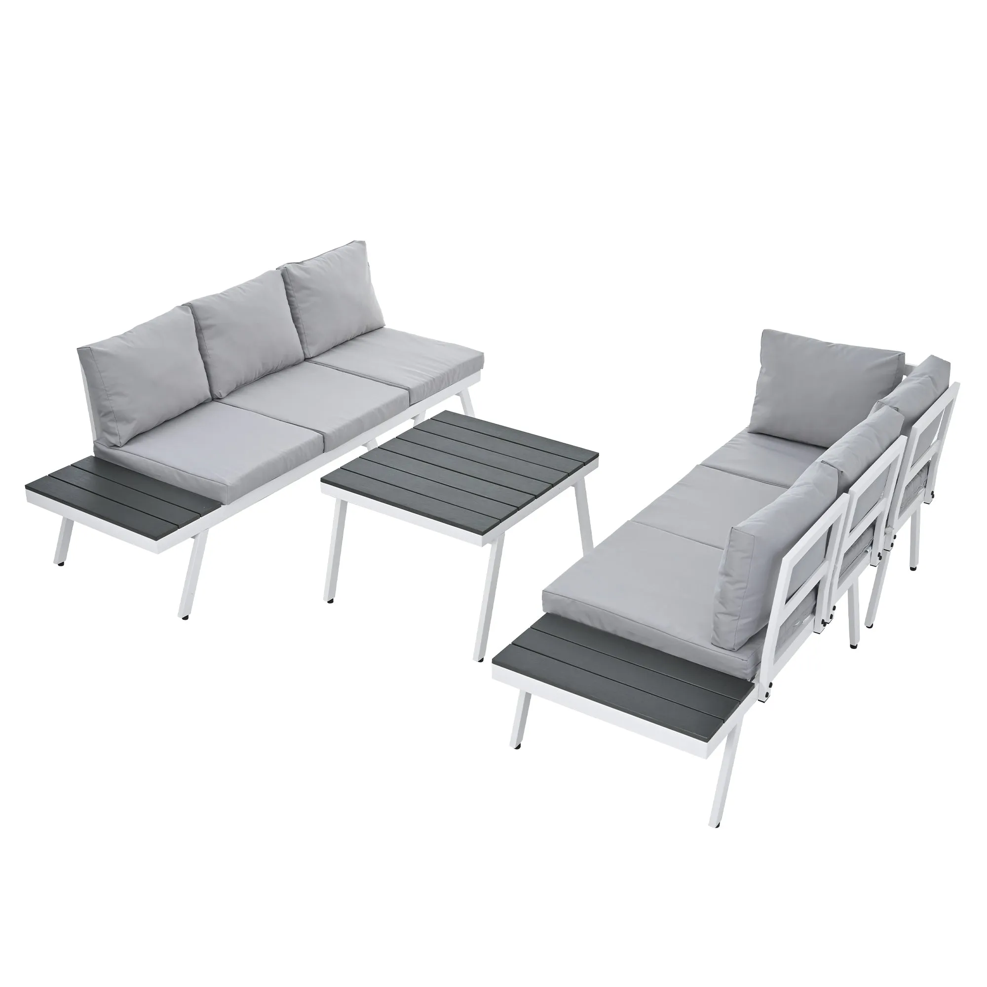 TOPMAX Industrial 5-Piece Aluminum Outdoor Patio Furniture Set, Modern Garden Sectional Sofa Set with End Tables, Coffee Table and Furniture Clips for Backyard, White Grey