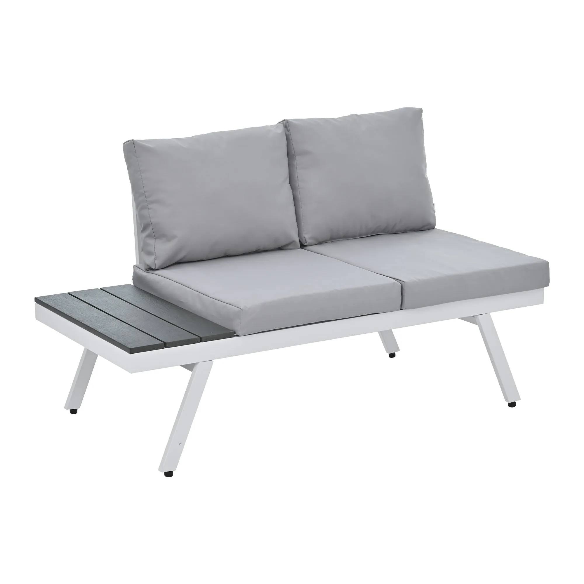 TOPMAX Industrial 5-Piece Aluminum Outdoor Patio Furniture Set, Modern Garden Sectional Sofa Set with End Tables, Coffee Table and Furniture Clips for Backyard, White Grey