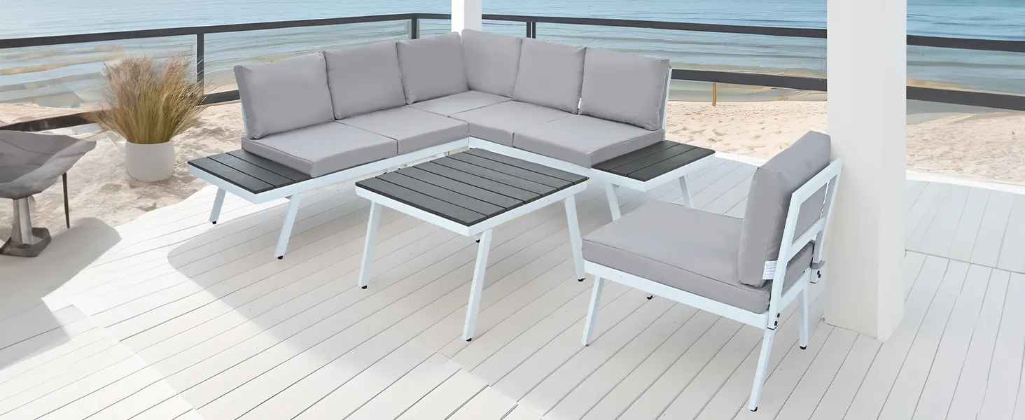 TOPMAX Industrial 5-Piece Aluminum Outdoor Patio Furniture Set, Modern Garden Sectional Sofa Set with End Tables, Coffee Table and Furniture Clips for Backyard, White Grey