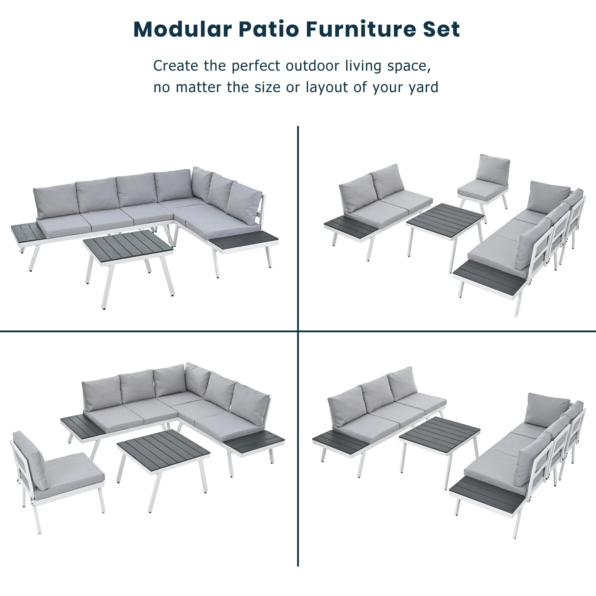 TOPMAX Industrial 5-Piece Aluminum Outdoor Patio Furniture Set, Modern Garden Sectional Sofa Set with End Tables, Coffee Table and Furniture Clips for Backyard, White Grey