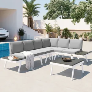 TOPMAX Industrial 5-Piece Aluminum Outdoor Patio Furniture Set, Modern Garden Sectional Sofa Set with End Tables, Coffee Table and Furniture Clips for Backyard, White Grey