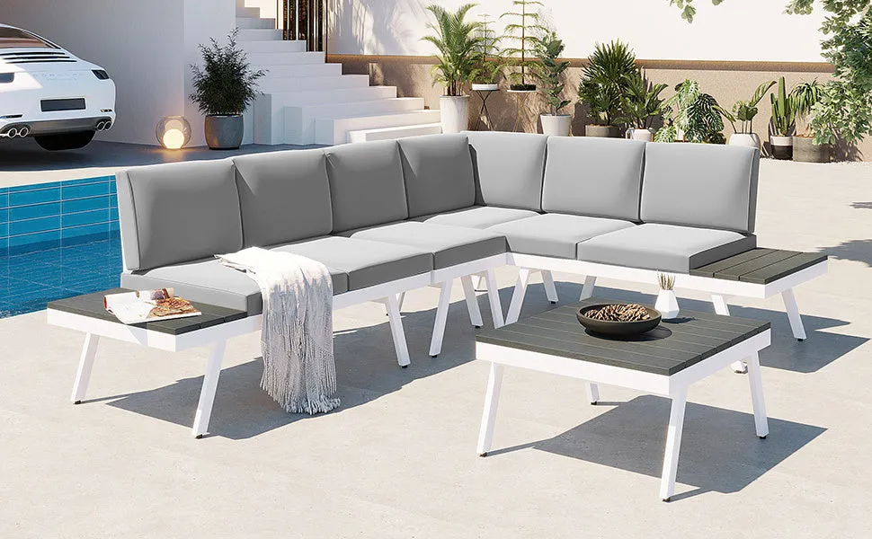 TOPMAX Industrial 5-Piece Aluminum Outdoor Patio Furniture Set, Modern Garden Sectional Sofa Set with End Tables, Coffee Table and Furniture Clips for Backyard, White Grey