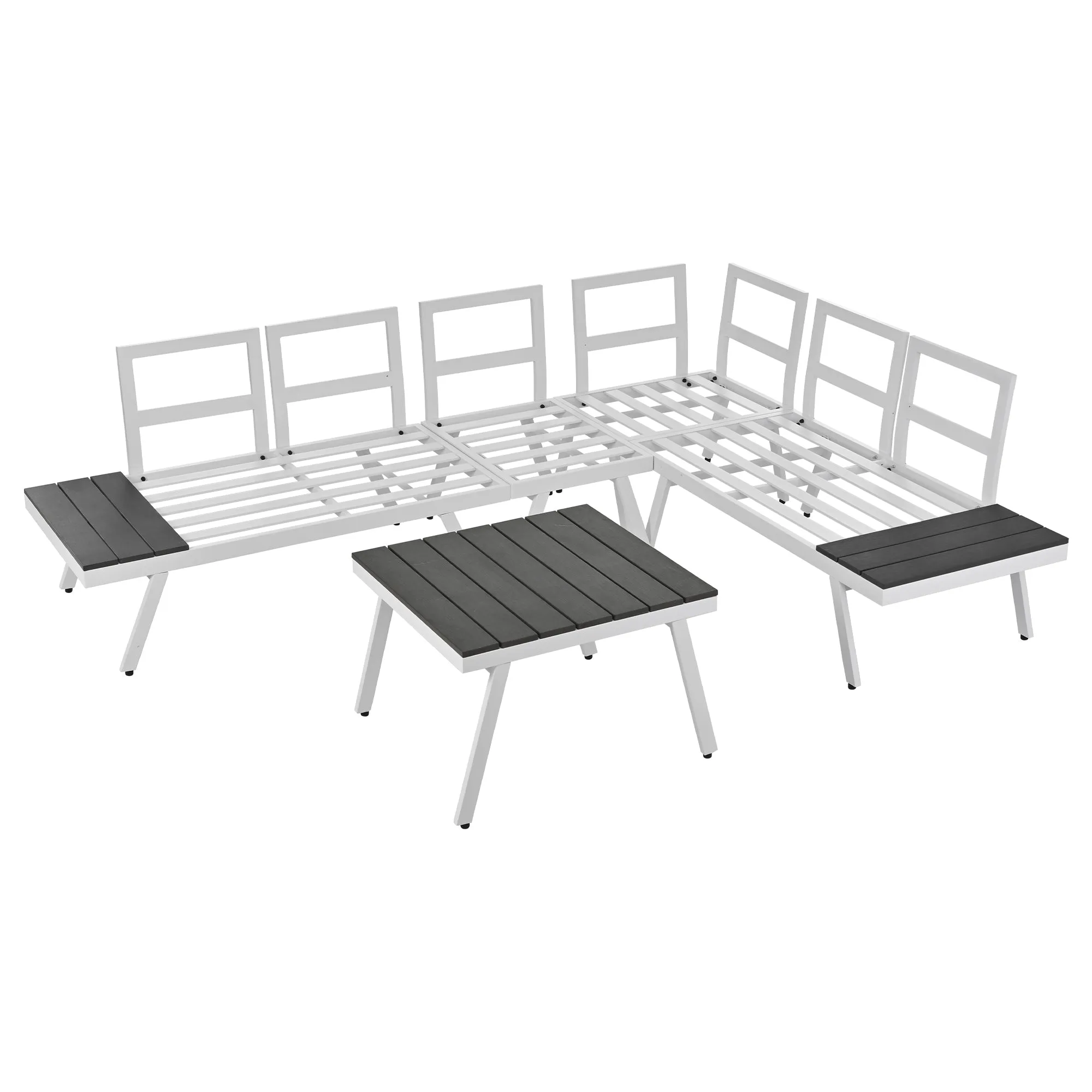 TOPMAX Industrial 5-Piece Aluminum Outdoor Patio Furniture Set, Modern Garden Sectional Sofa Set with End Tables, Coffee Table and Furniture Clips for Backyard, White Grey