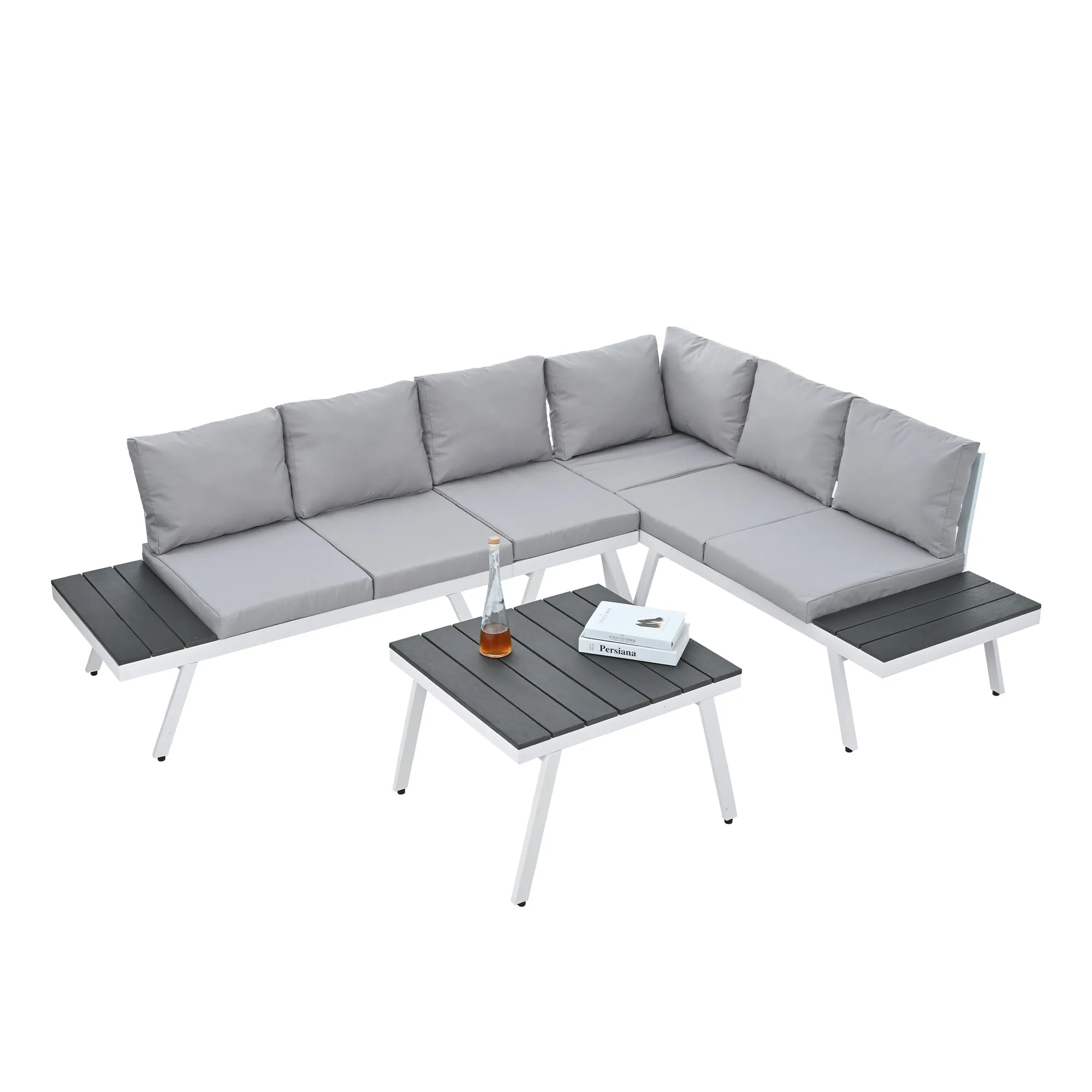 TOPMAX Industrial 5-Piece Aluminum Outdoor Patio Furniture Set, Modern Garden Sectional Sofa Set with End Tables, Coffee Table and Furniture Clips for Backyard, White Grey