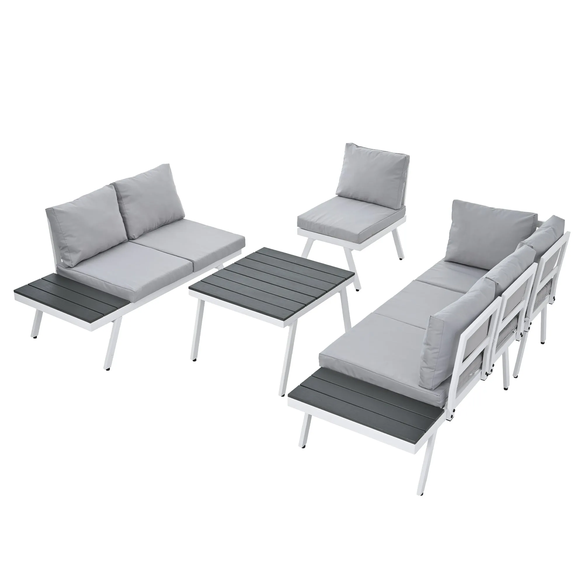 TOPMAX Industrial 5-Piece Aluminum Outdoor Patio Furniture Set, Modern Garden Sectional Sofa Set with End Tables, Coffee Table and Furniture Clips for Backyard, White Grey