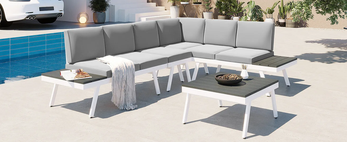 TOPMAX Industrial 5-Piece Aluminum Outdoor Patio Furniture Set, Modern Garden Sectional Sofa Set with End Tables, Coffee Table and Furniture Clips for Backyard, White Grey