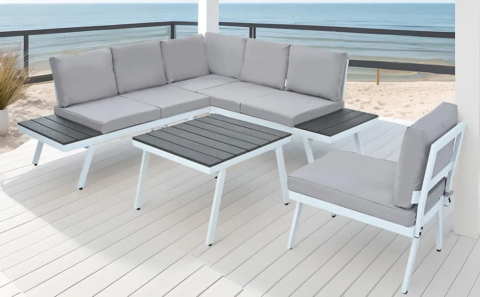 TOPMAX Industrial 5-Piece Aluminum Outdoor Patio Furniture Set, Modern Garden Sectional Sofa Set with End Tables, Coffee Table and Furniture Clips for Backyard, White Grey