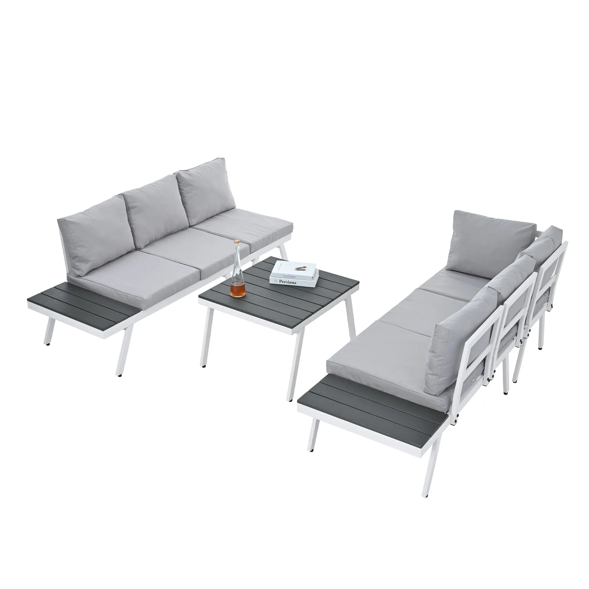 TOPMAX Industrial 5-Piece Aluminum Outdoor Patio Furniture Set, Modern Garden Sectional Sofa Set with End Tables, Coffee Table and Furniture Clips for Backyard, White Grey