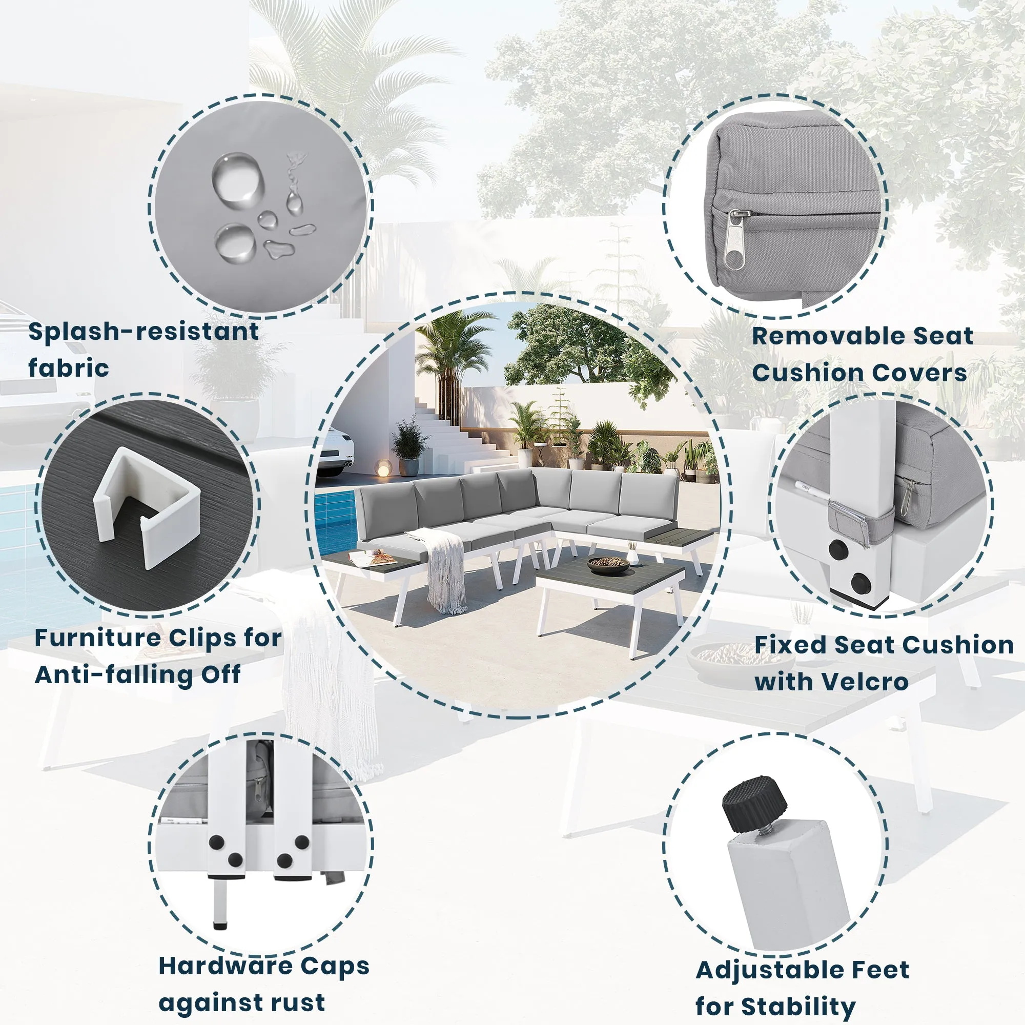 TOPMAX Industrial 5-Piece Aluminum Outdoor Patio Furniture Set, Modern Garden Sectional Sofa Set with End Tables, Coffee Table and Furniture Clips for Backyard, White Grey