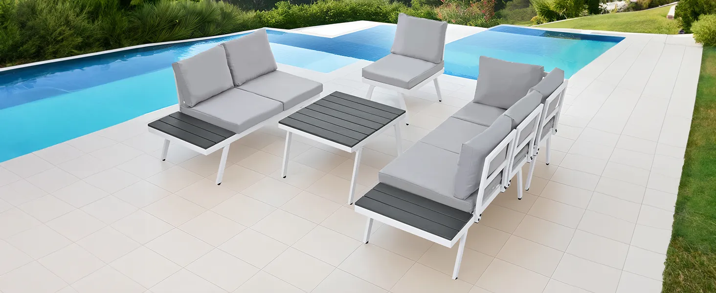 TOPMAX Industrial 5-Piece Aluminum Outdoor Patio Furniture Set, Modern Garden Sectional Sofa Set with End Tables, Coffee Table and Furniture Clips for Backyard, White Grey