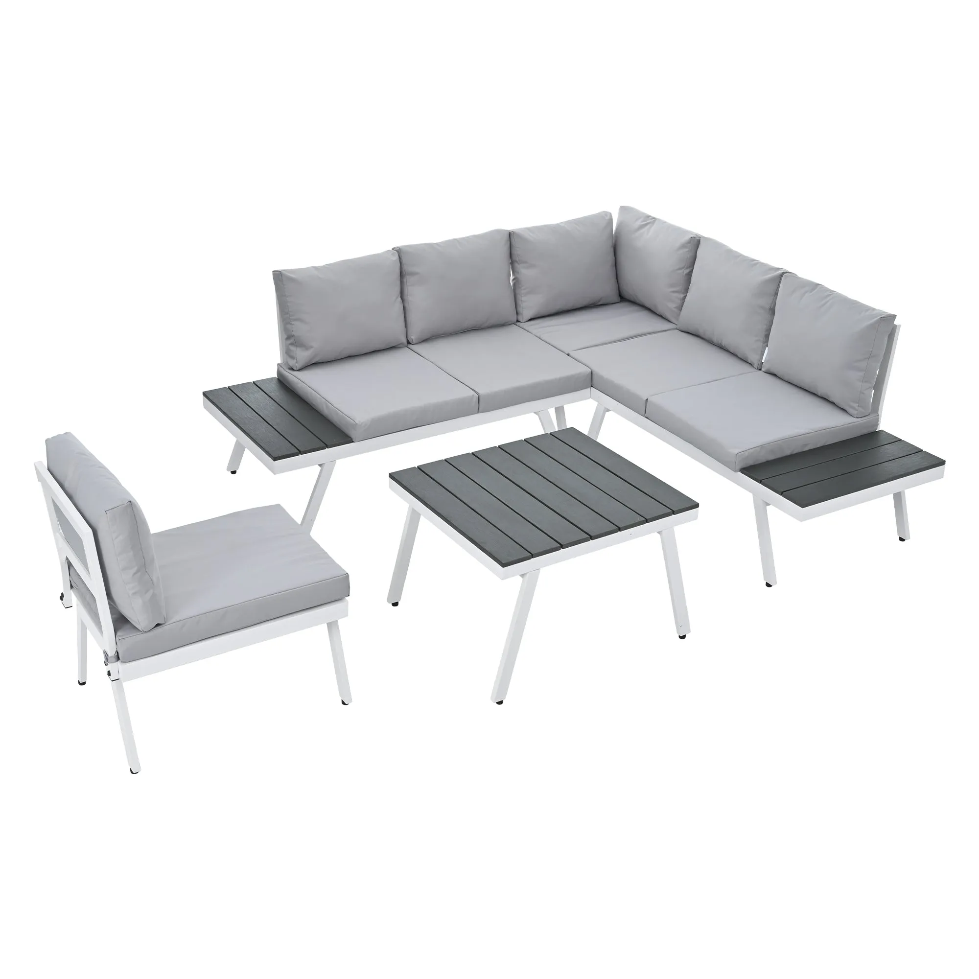 TOPMAX Industrial 5-Piece Aluminum Outdoor Patio Furniture Set, Modern Garden Sectional Sofa Set with End Tables, Coffee Table and Furniture Clips for Backyard, White Grey