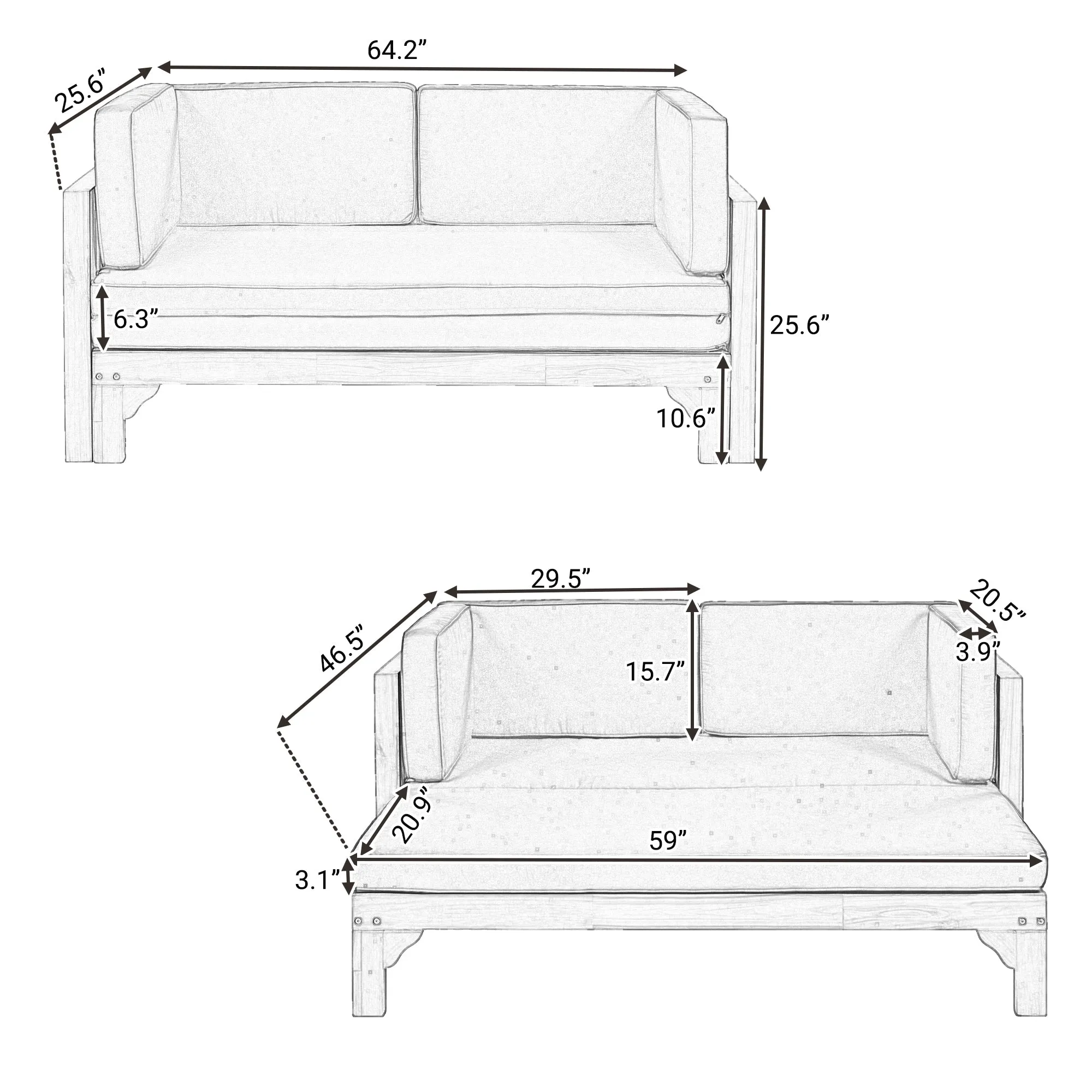 TOPMAX Outdoor Patio Extendable Wooden Sofa Set Sectional Furniture Set with Thick Cushions for Balcony,Backyard, Poolside, Brown Finish Blue Cushion