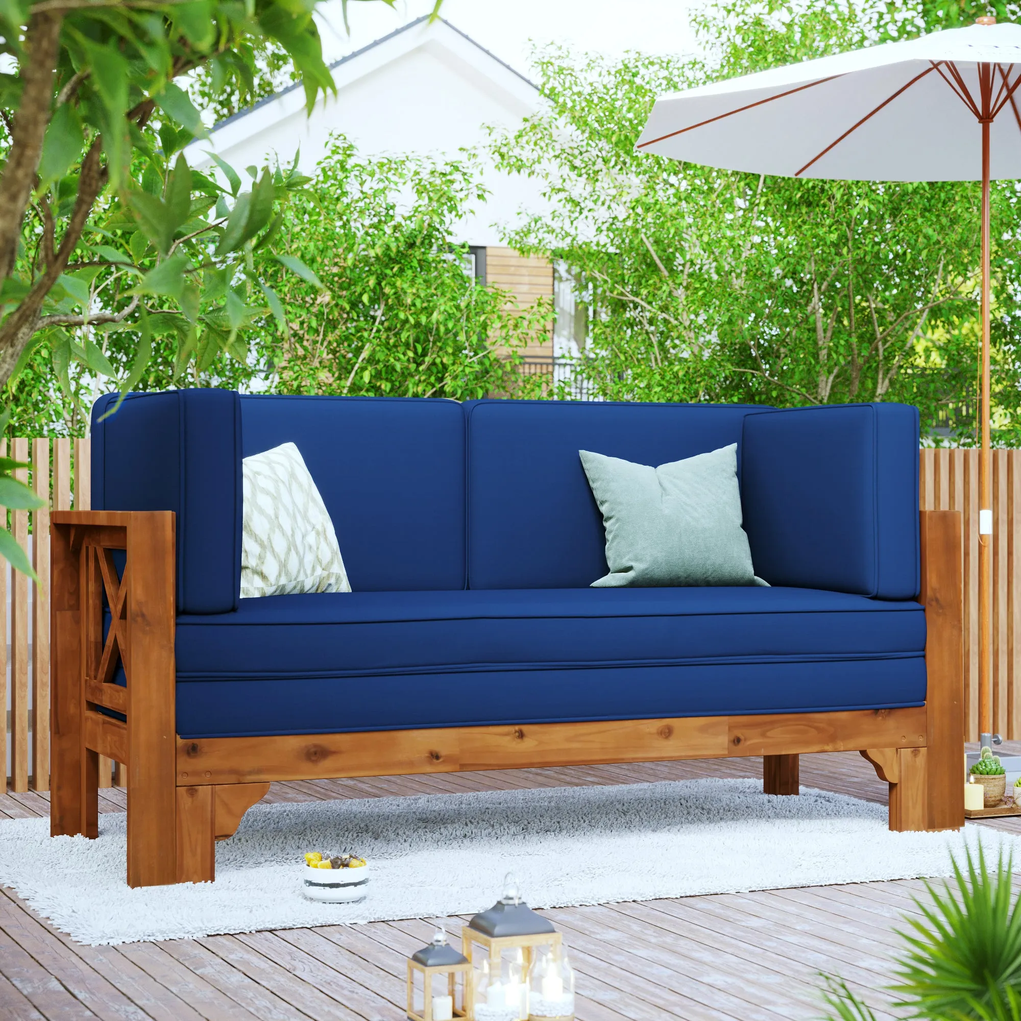 TOPMAX Outdoor Patio Extendable Wooden Sofa Set Sectional Furniture Set with Thick Cushions for Balcony,Backyard, Poolside, Brown Finish Blue Cushion