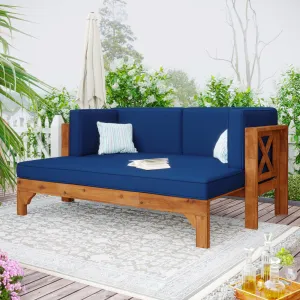 TOPMAX Outdoor Patio Extendable Wooden Sofa Set Sectional Furniture Set with Thick Cushions for Balcony,Backyard, Poolside, Brown Finish Blue Cushion