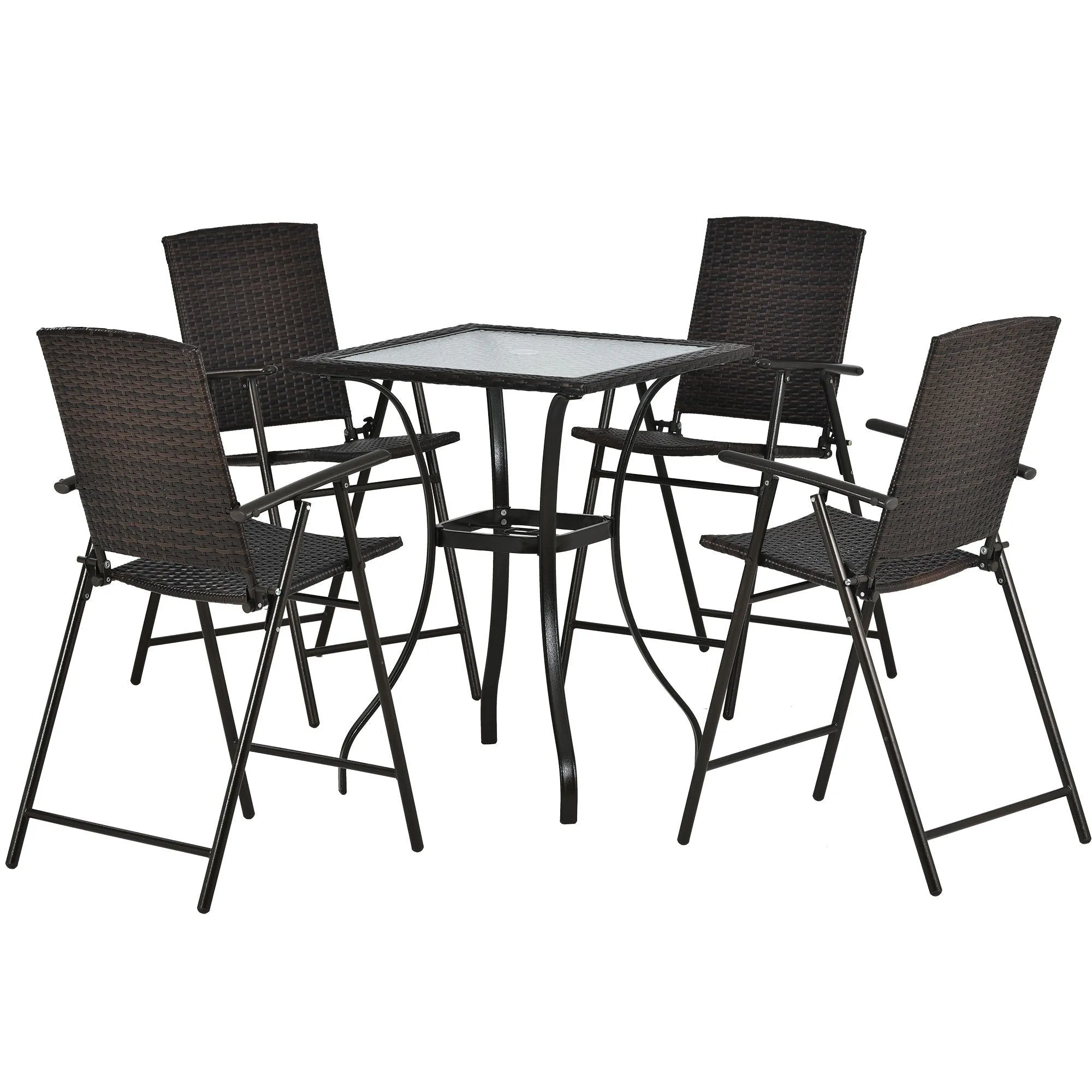 TOPMAX Outdoor Patio PE Wicker 5-Piece Counter Height Dining Table Set with Umbrella Hole and  4 Foldable Chairs, Brown