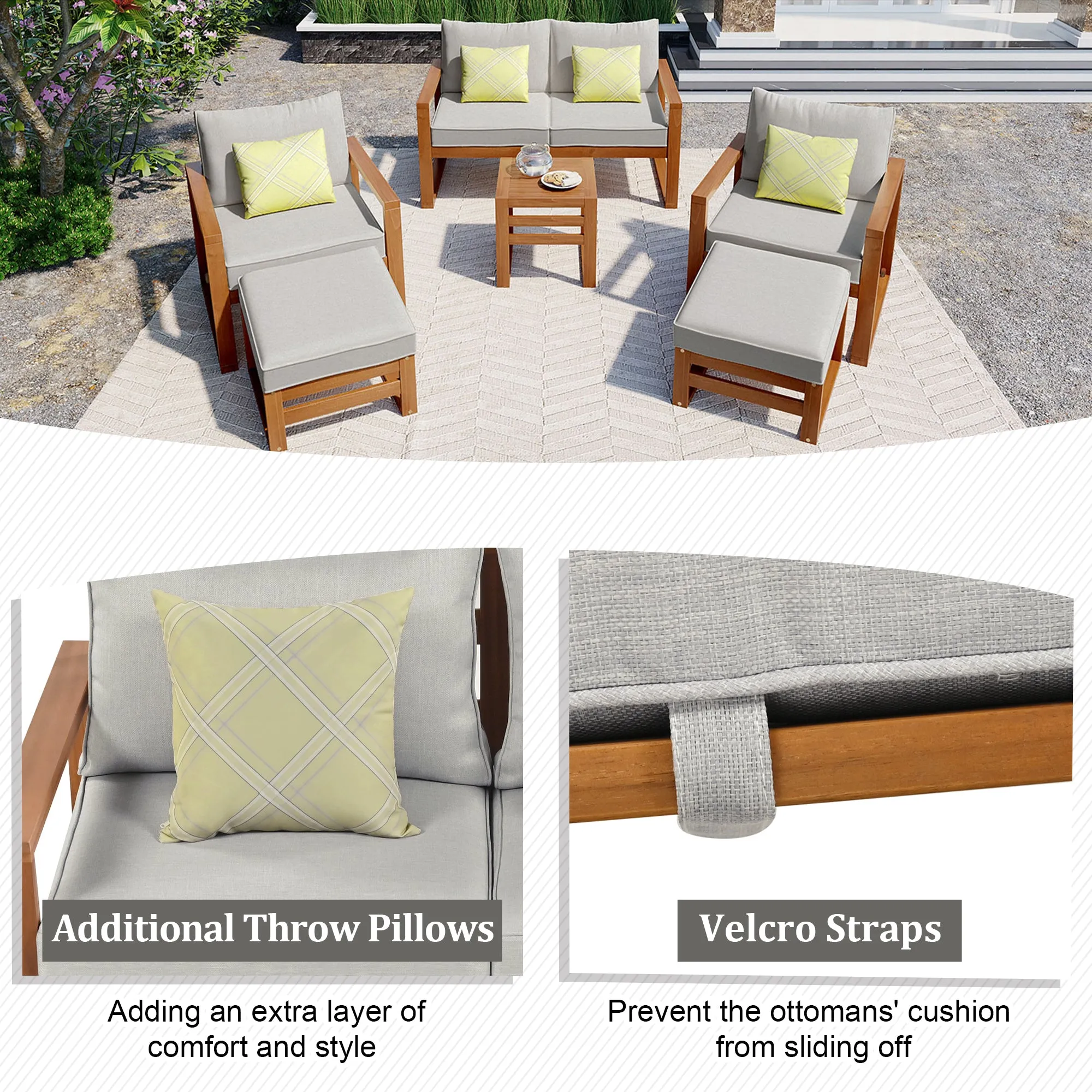 TOPMAX Outdoor Patio Wood 6-Piece Conversation Set, Sectional Garden Seating Groups Chat Set with Ottomans and Cushions for Backyard, Poolside, Balcony, Grey