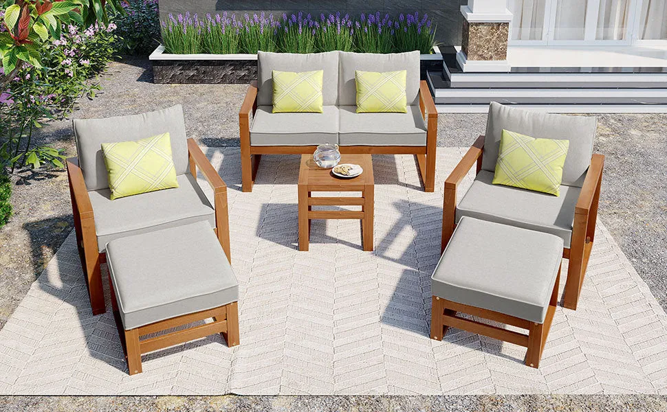 TOPMAX Outdoor Patio Wood 6-Piece Conversation Set, Sectional Garden Seating Groups Chat Set with Ottomans and Cushions for Backyard, Poolside, Balcony, Grey