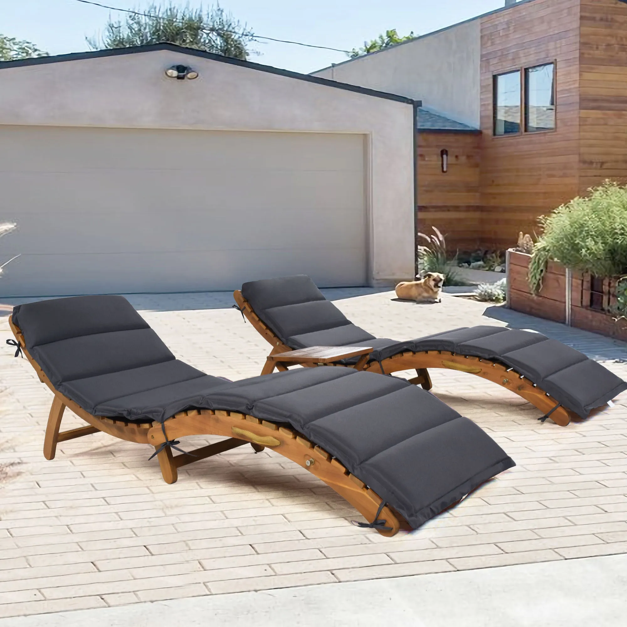 TOPMAX Outdoor Patio Wood Portable Extended Chaise Lounge Set with Foldable Tea Table for Balcony, Poolside, Garden, Brown Finish Dark Gray Cushion