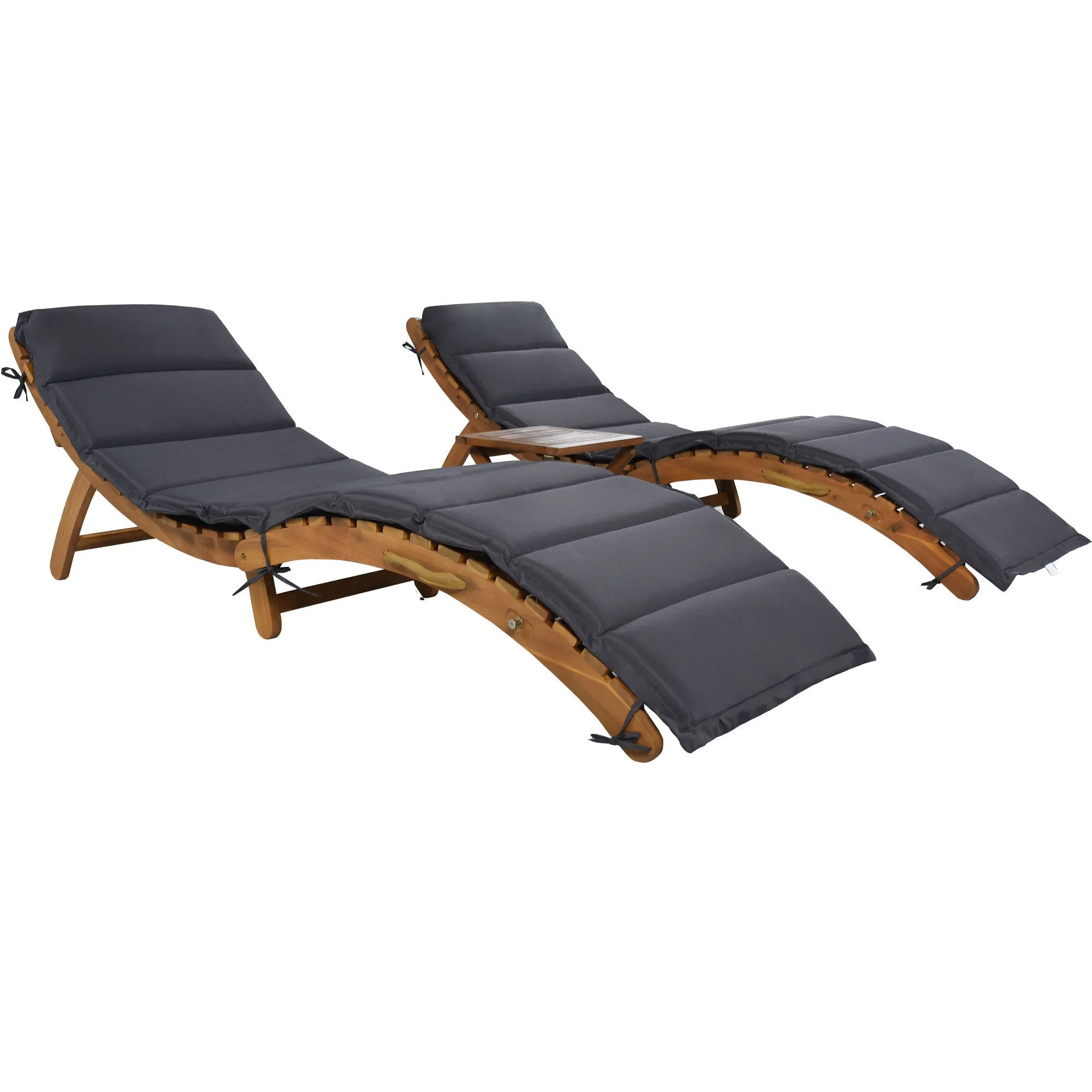 TOPMAX Outdoor Patio Wood Portable Extended Chaise Lounge Set with Foldable Tea Table for Balcony, Poolside, Garden, Brown Finish Dark Gray Cushion