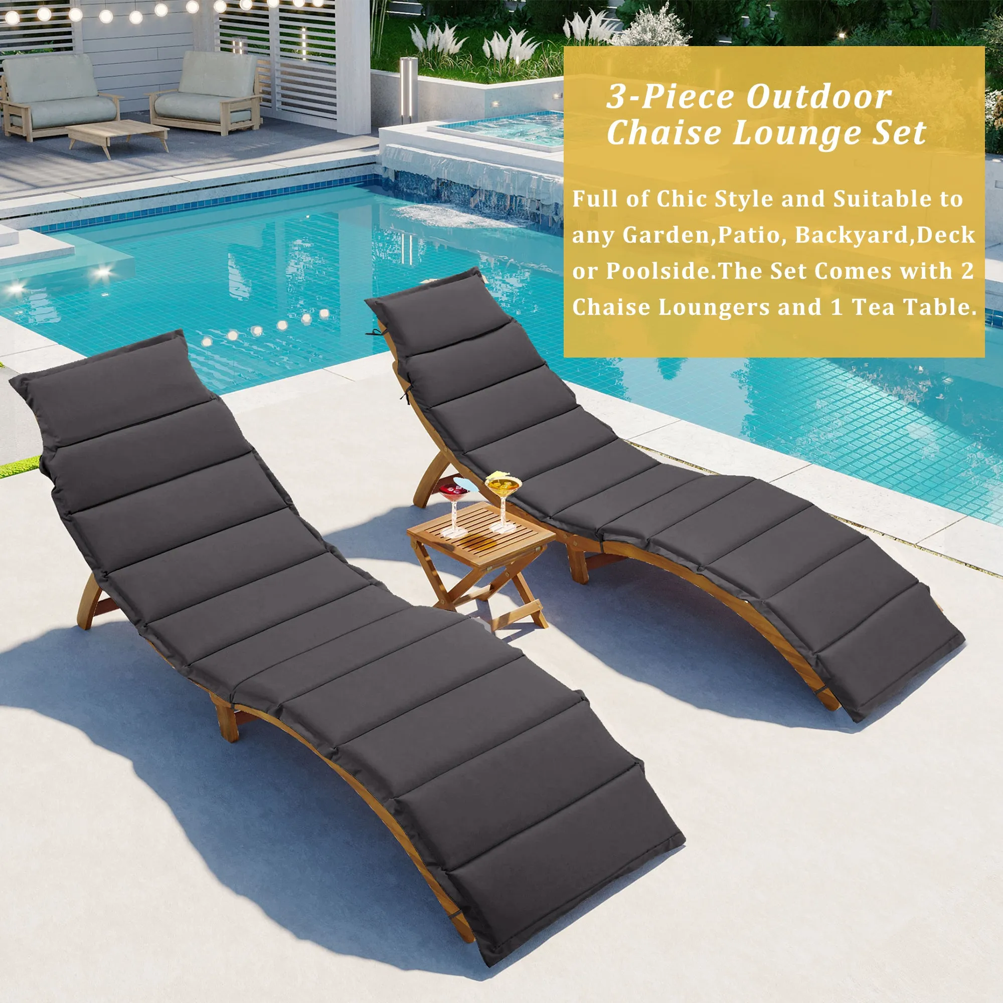 TOPMAX Outdoor Patio Wood Portable Extended Chaise Lounge Set with Foldable Tea Table for Balcony, Poolside, Garden, Brown Finish Dark Gray Cushion