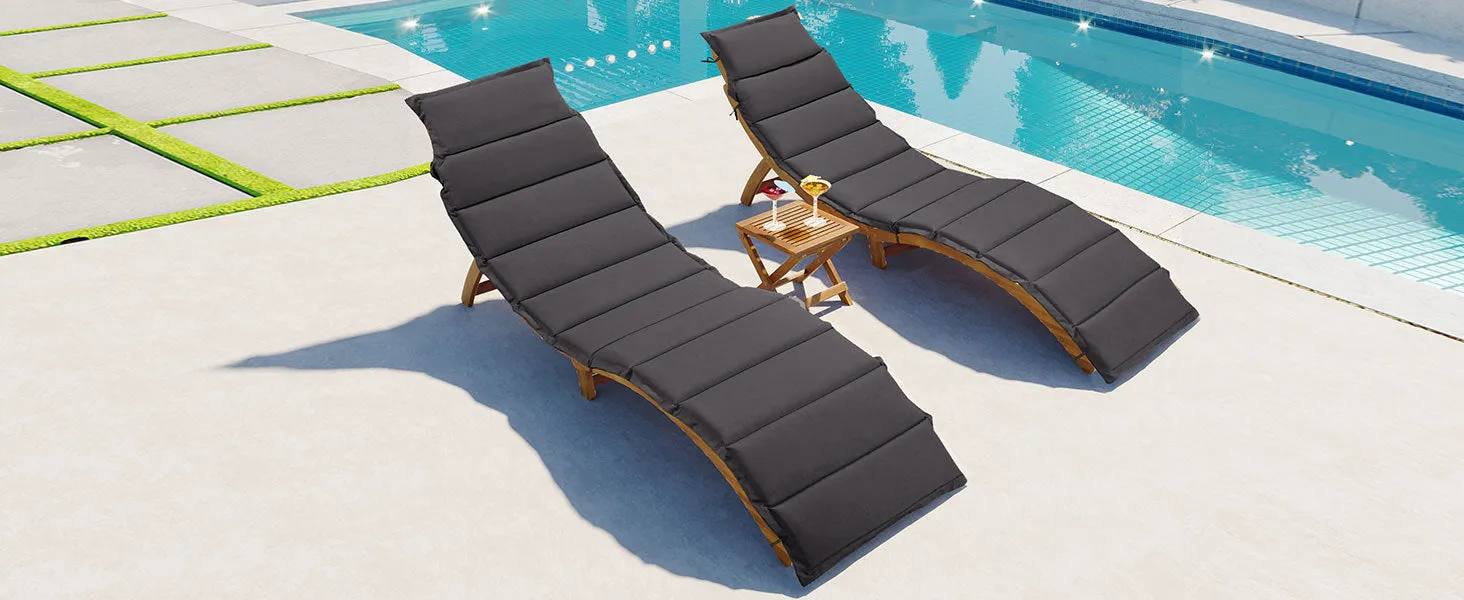 TOPMAX Outdoor Patio Wood Portable Extended Chaise Lounge Set with Foldable Tea Table for Balcony, Poolside, Garden, Brown Finish Dark Gray Cushion